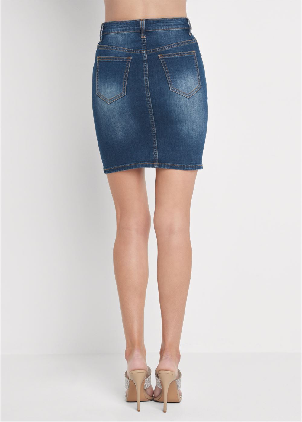 Venus Jean Skirt With Faux Pearls - Dark Wash