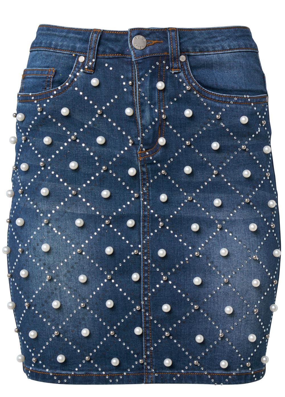 Venus Jean Skirt With Faux Pearls - Dark Wash
