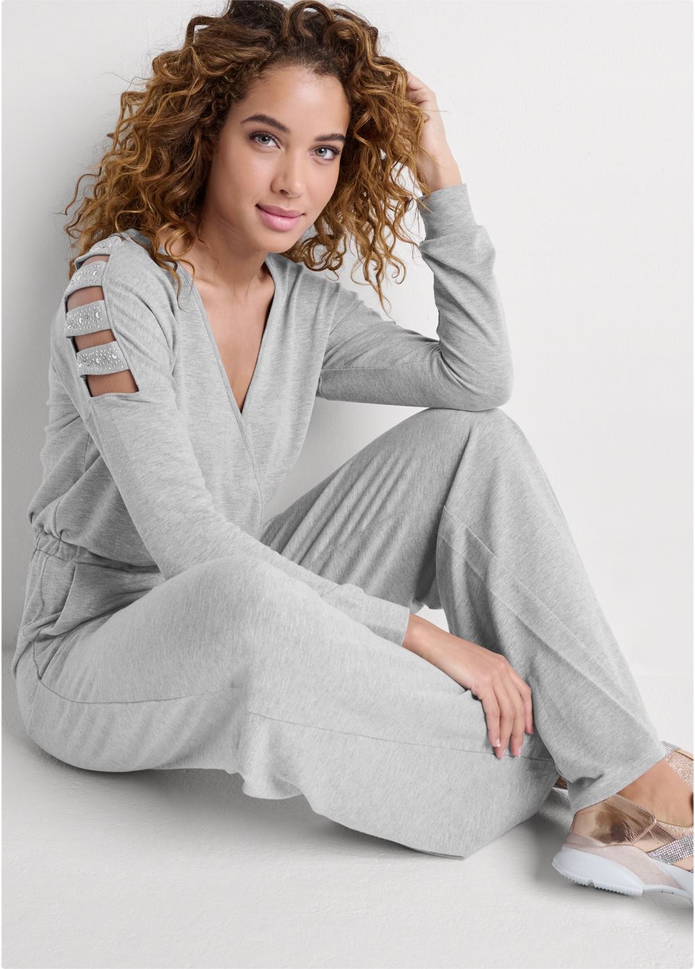 Venus Embellished Sleeve Jumpsuit in Heather Grey