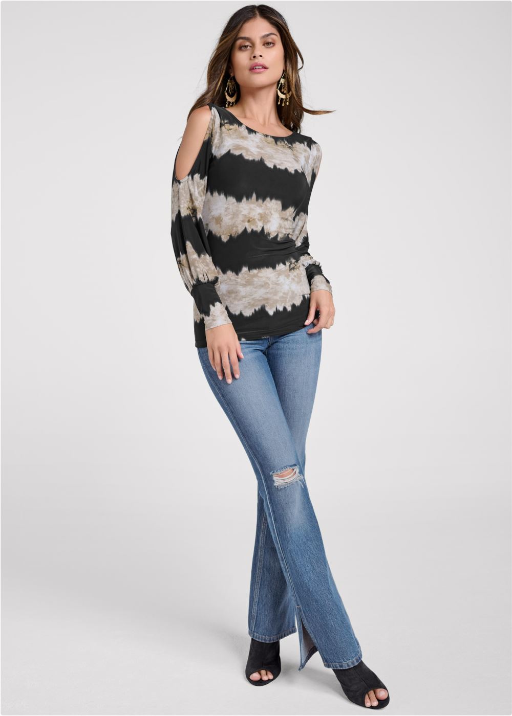 Venus Tie-Dye Cold-Shoulder Top in Black Multi