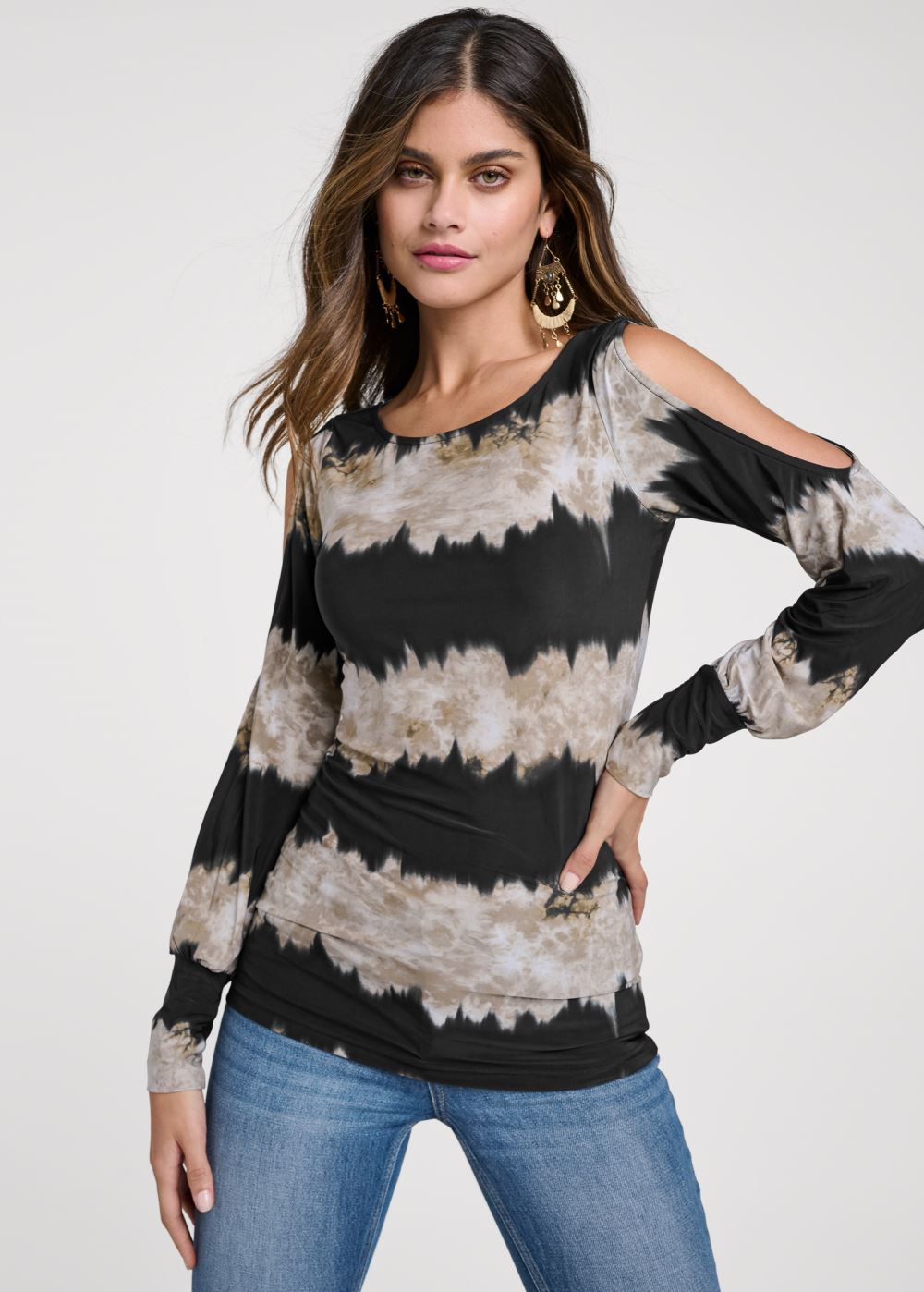 Venus Tie-Dye Cold-Shoulder Top in Black Multi