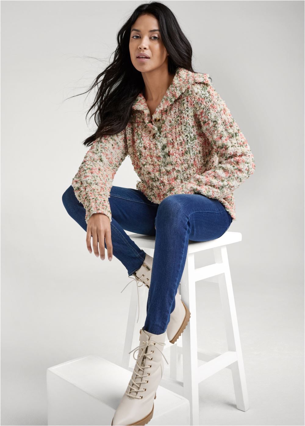 Venus VENUS | Popcorn Knit High Collar Sweater in White Multi