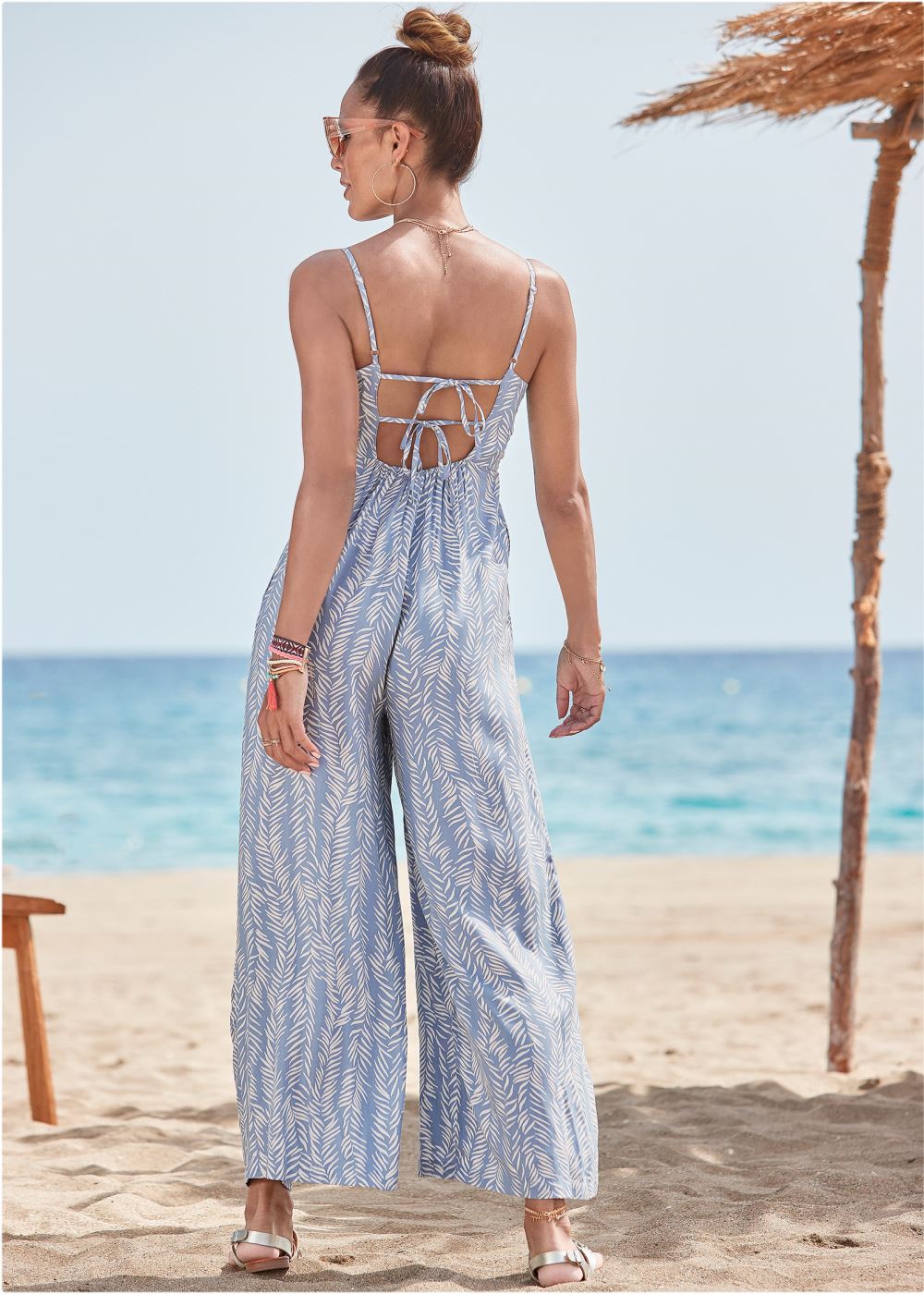 Venus Square Neck Printed Jumpsuit in Blue & White