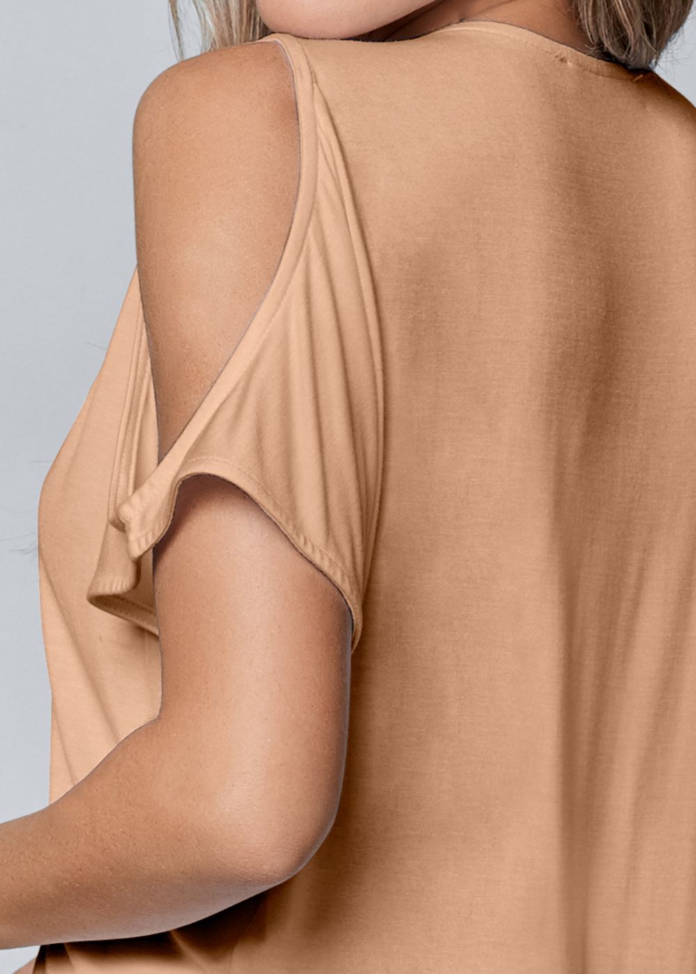 Venus Cold-Shoulder V-Neck Top in Tan