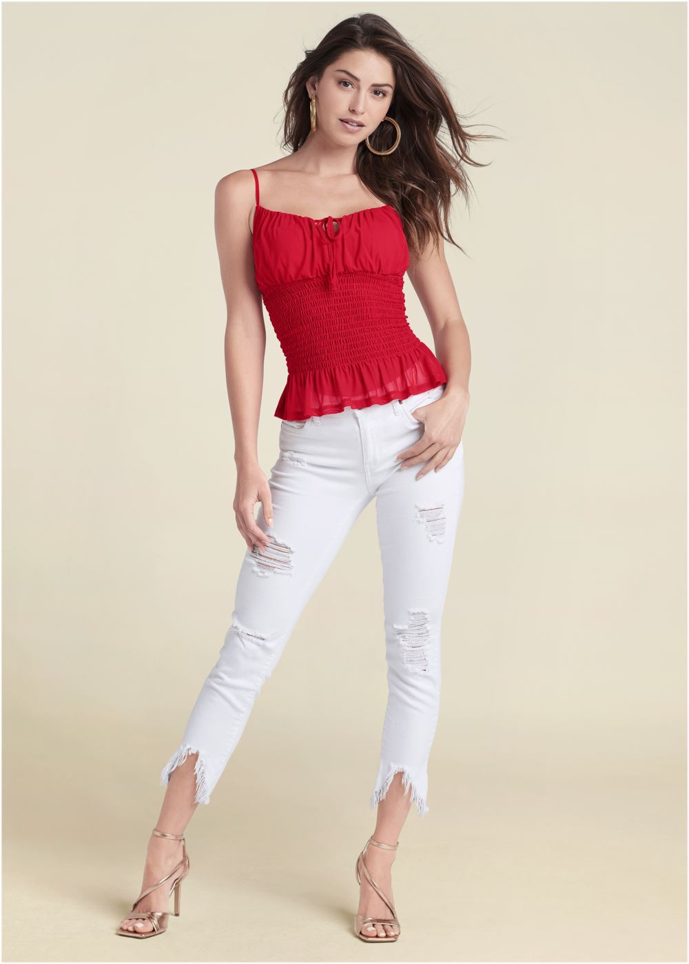 Venus Smocked Mesh Top in Red