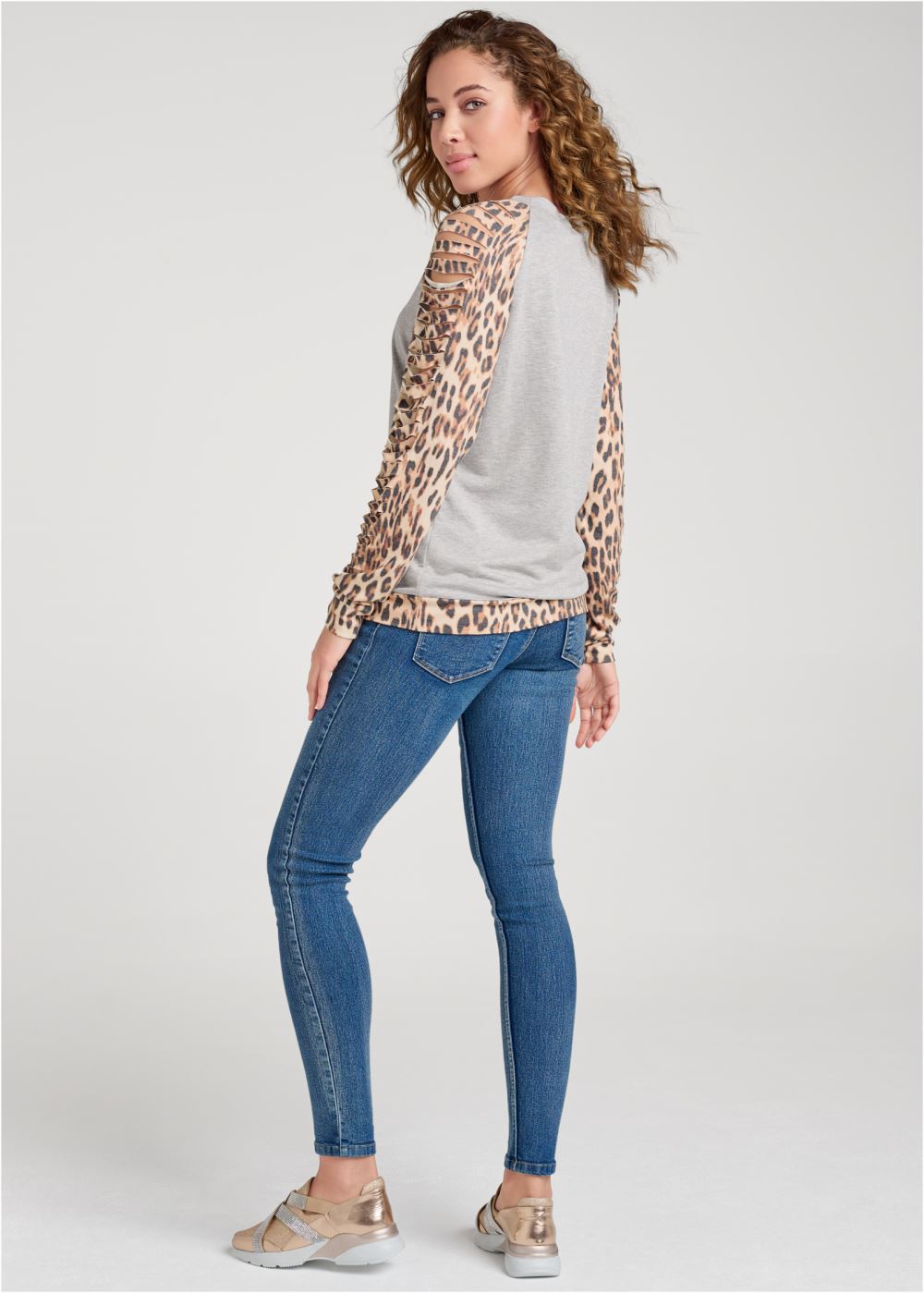 Venus Cheetah Print Slash Sweatshirt in Grey Multi