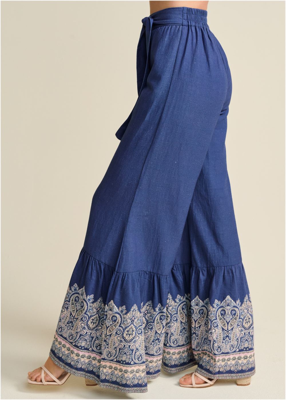 Venus Linen Border Print Pants in Navy Multi