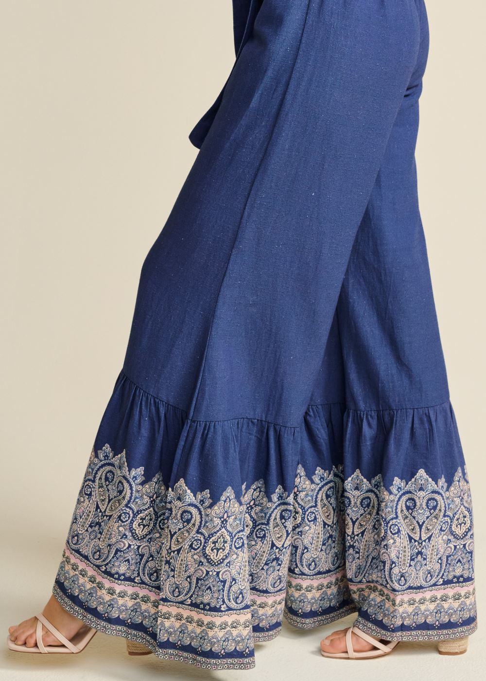 Venus Linen Border Print Pants in Navy Multi