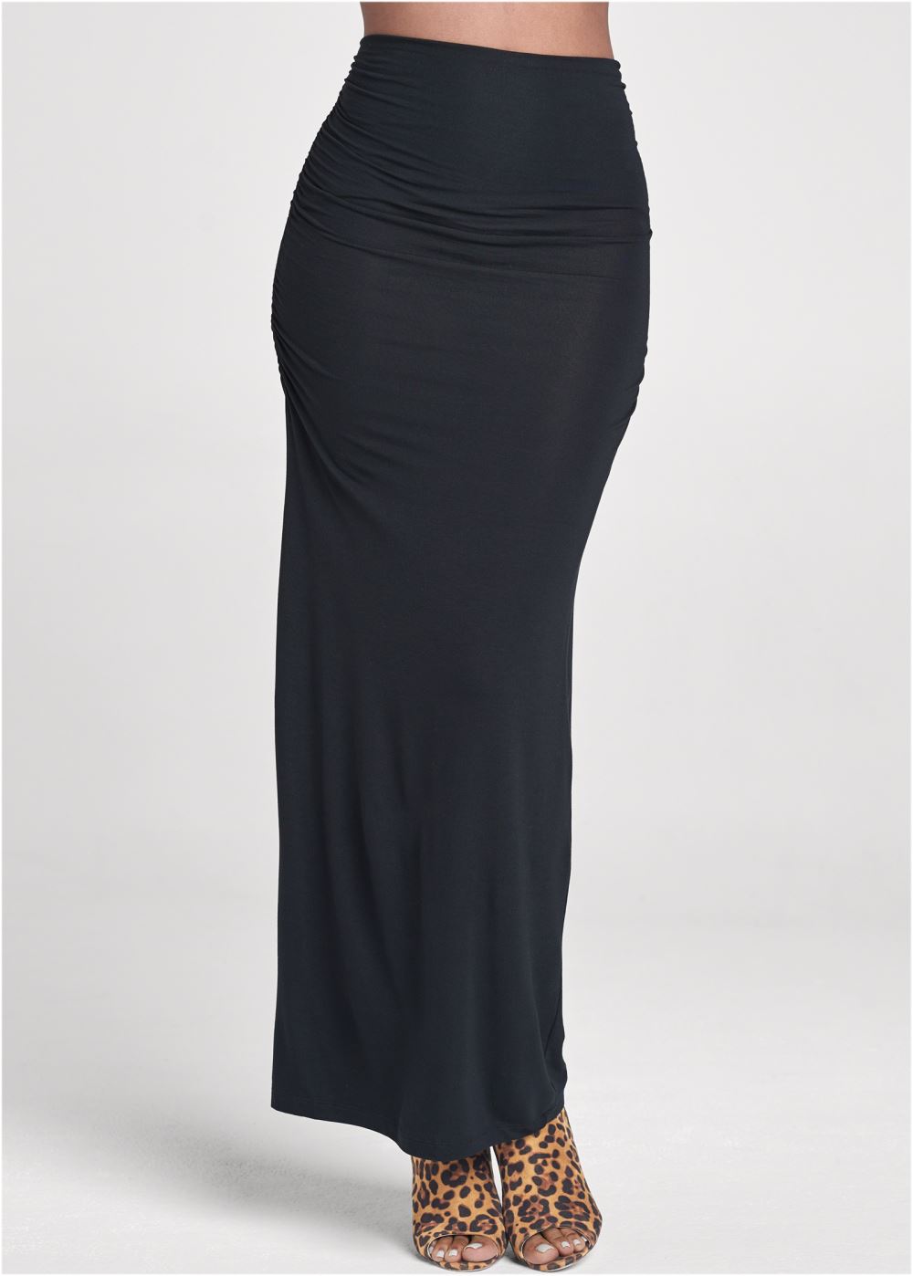 Venus Gathered Waist Long Skirt - Black