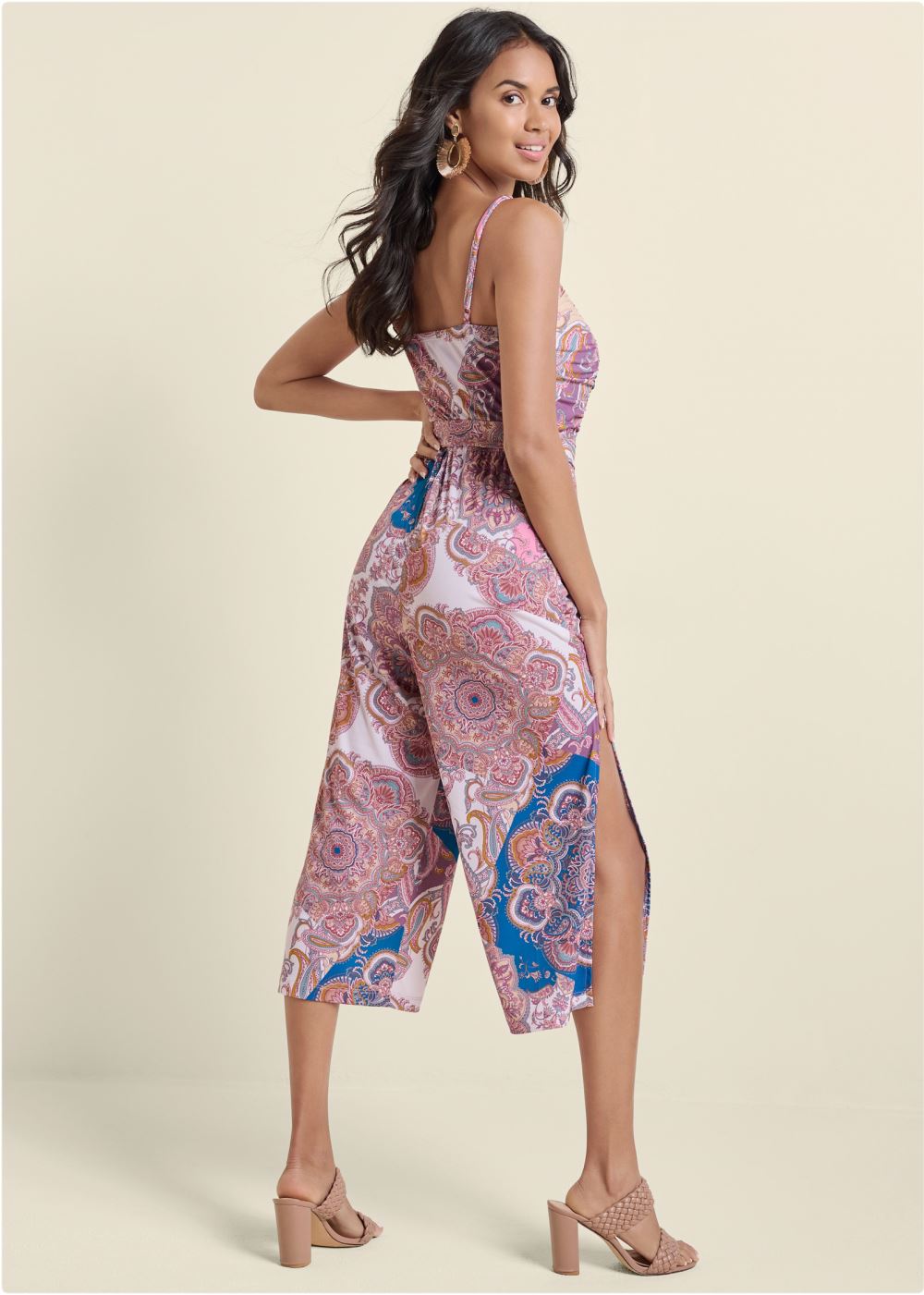 Venus Paisley Ruched Jumpsuit in Pink Multi
