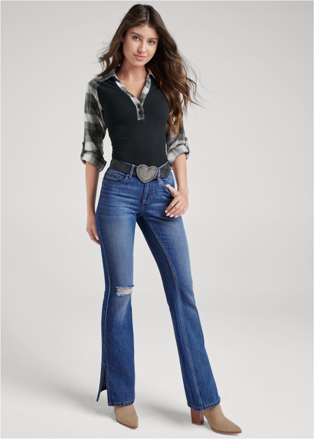 Venus Ribbed Henley Plaid Top in Black & White