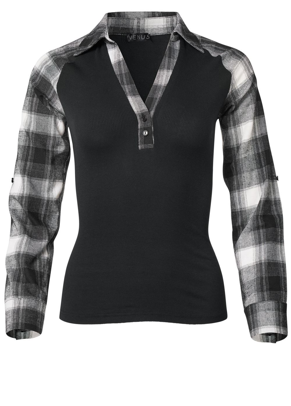 Venus Ribbed Henley Plaid Top in Black & White