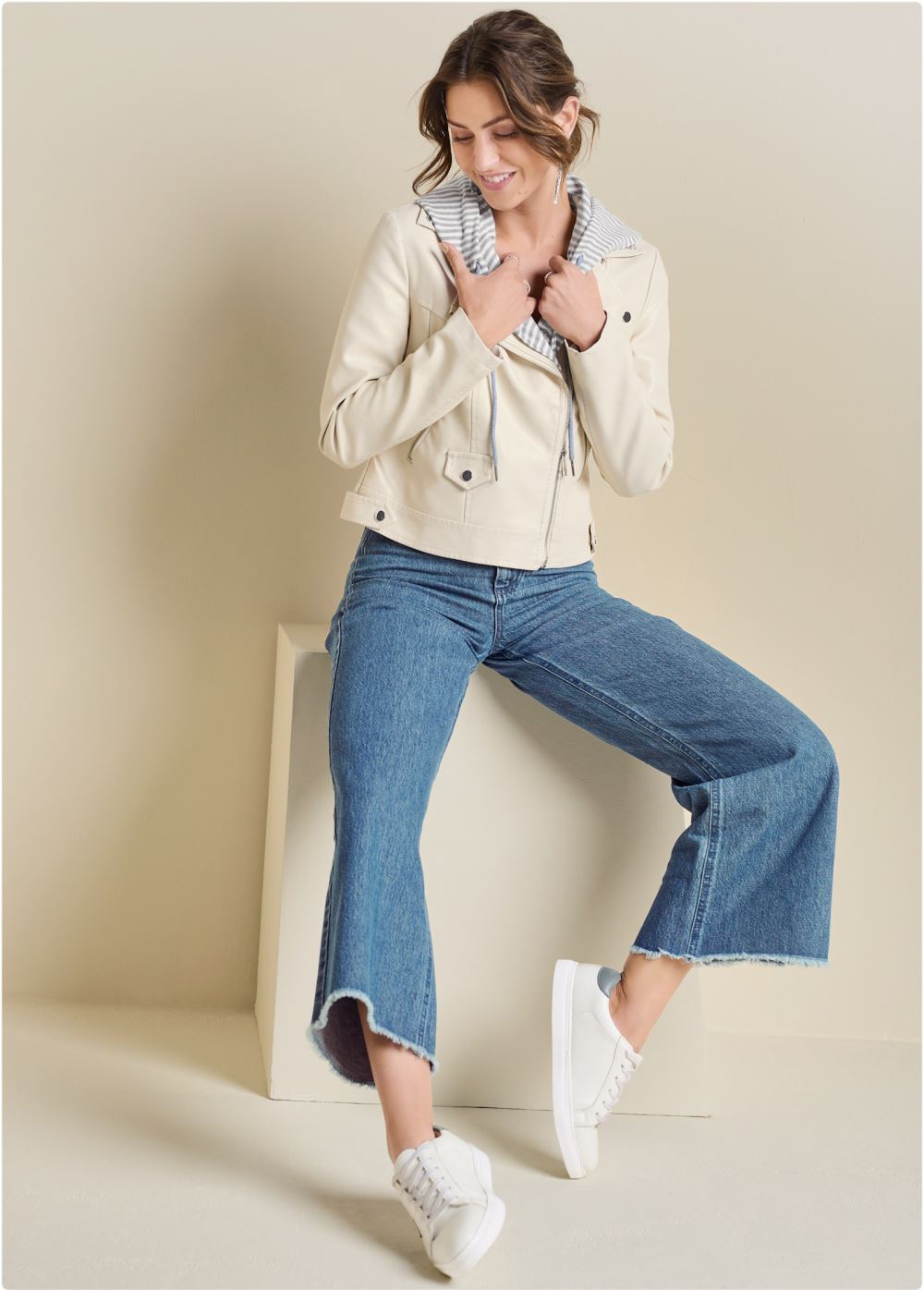 Venus Faux-Leather Moto Jacket in Cream Multi