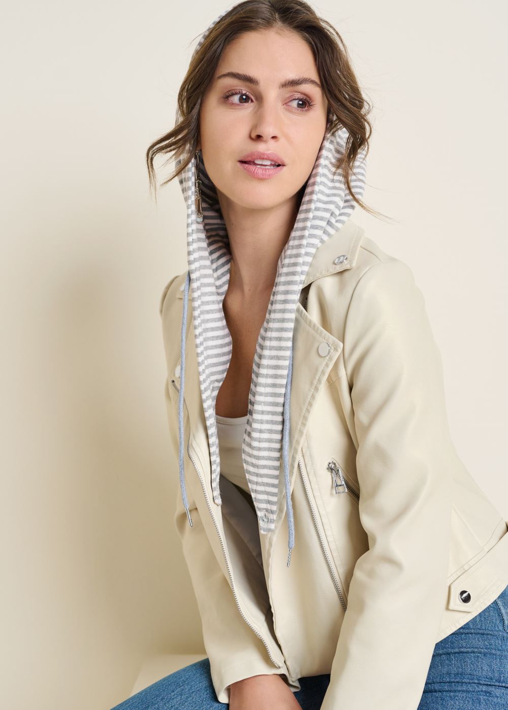 Venus Faux-Leather Moto Jacket in Cream Multi