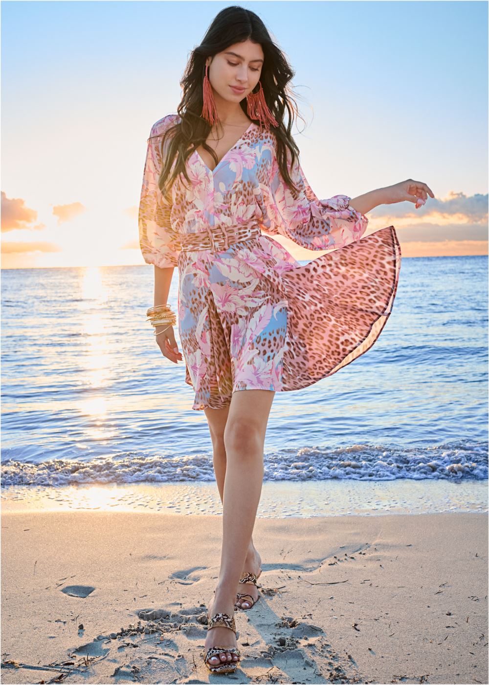 Venus Classic Cheetah And Tropical Floral Dress  - Light Blue Multi