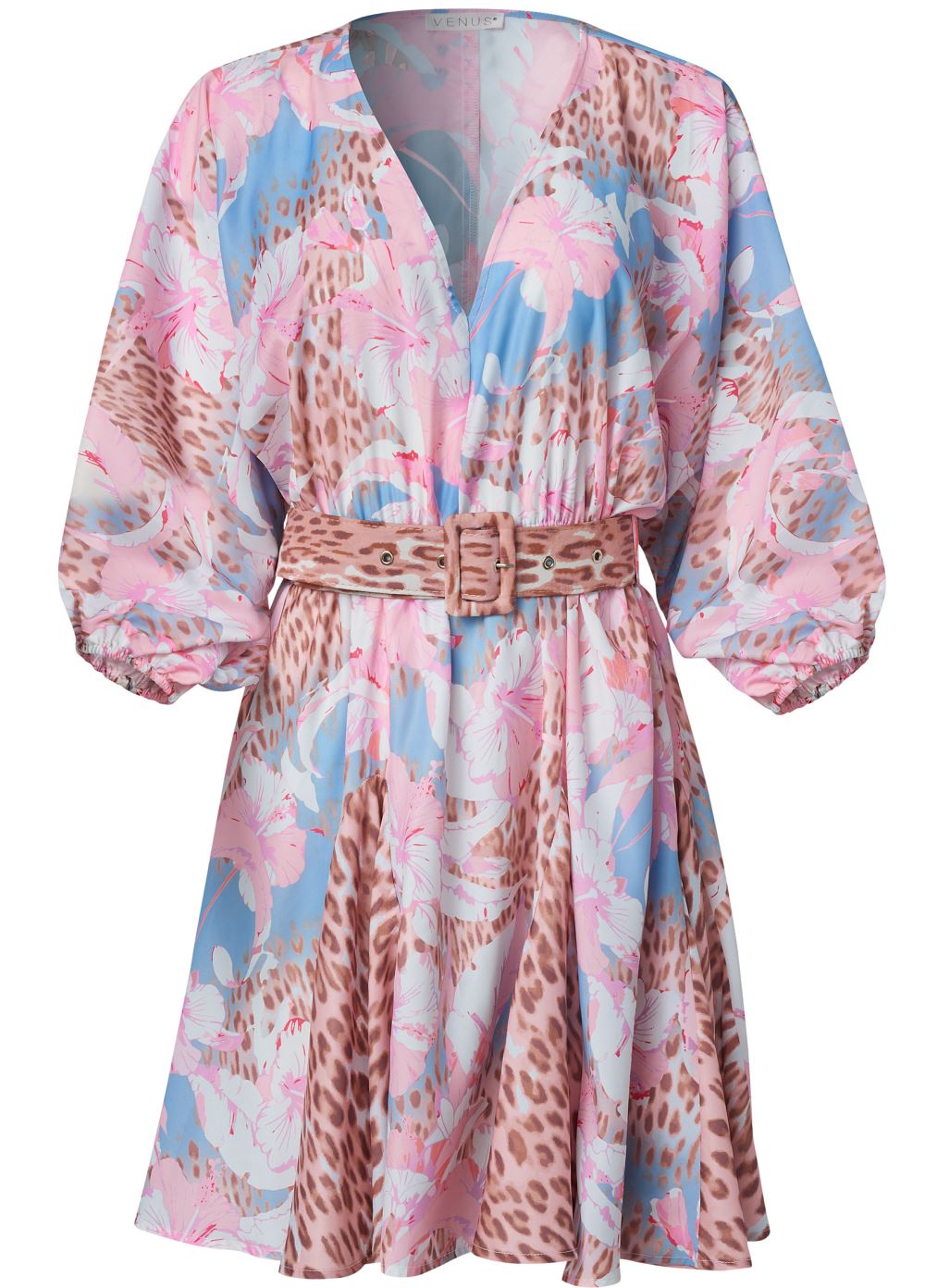 Venus Classic Cheetah And Tropical Floral Dress  - Light Blue Multi