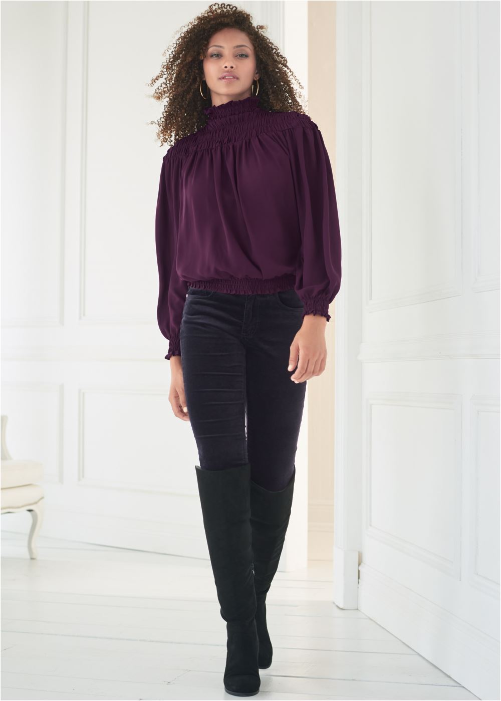 Venus Smocked Detail Top in Dark Purple