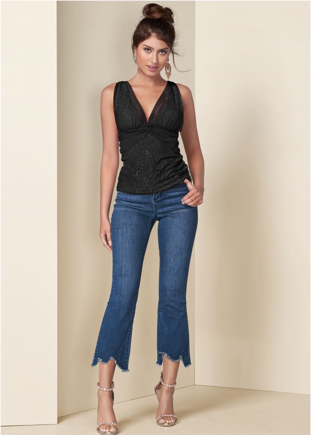 Venus Mesh Overlay Lace Top in Black