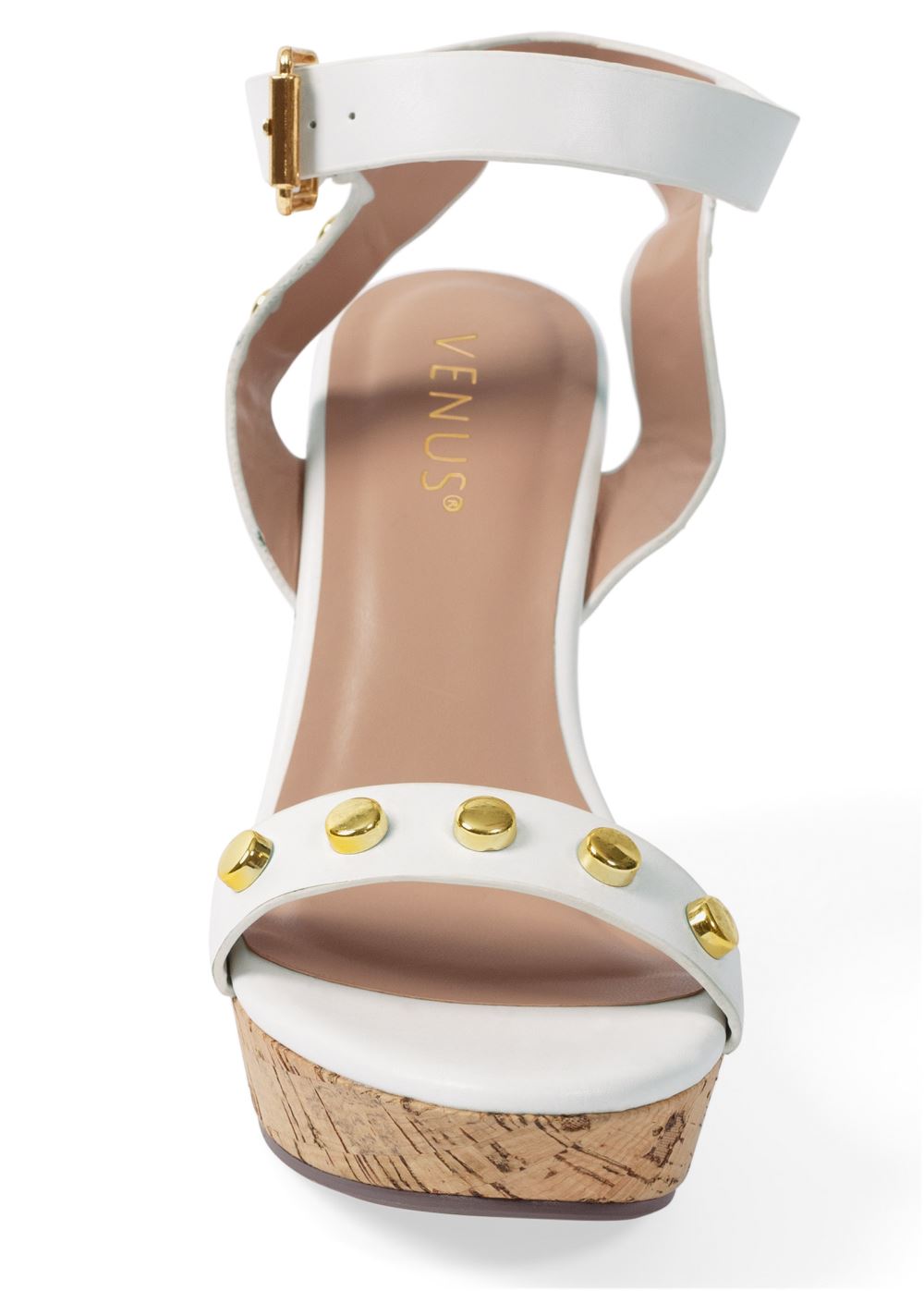 Venus Studded Leather Cork Wedges in White