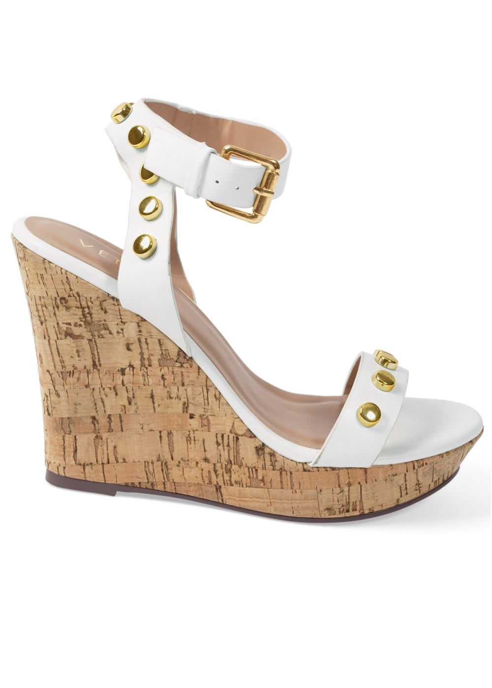 Venus Studded Leather Cork Wedges in White