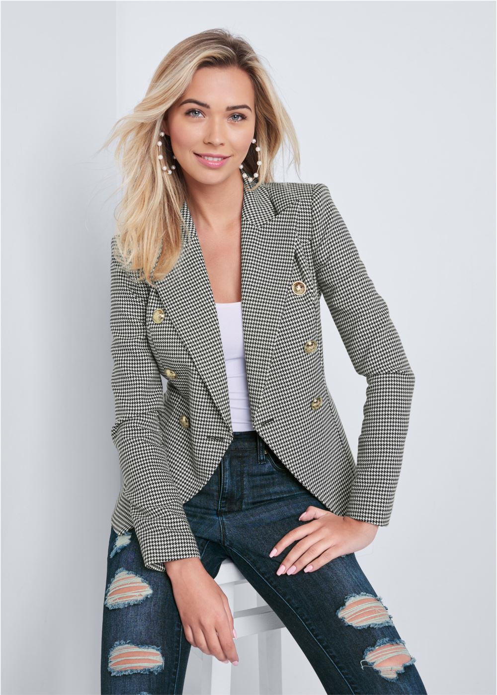Venus Houndstooth Double Breasted Blazer in Black & White