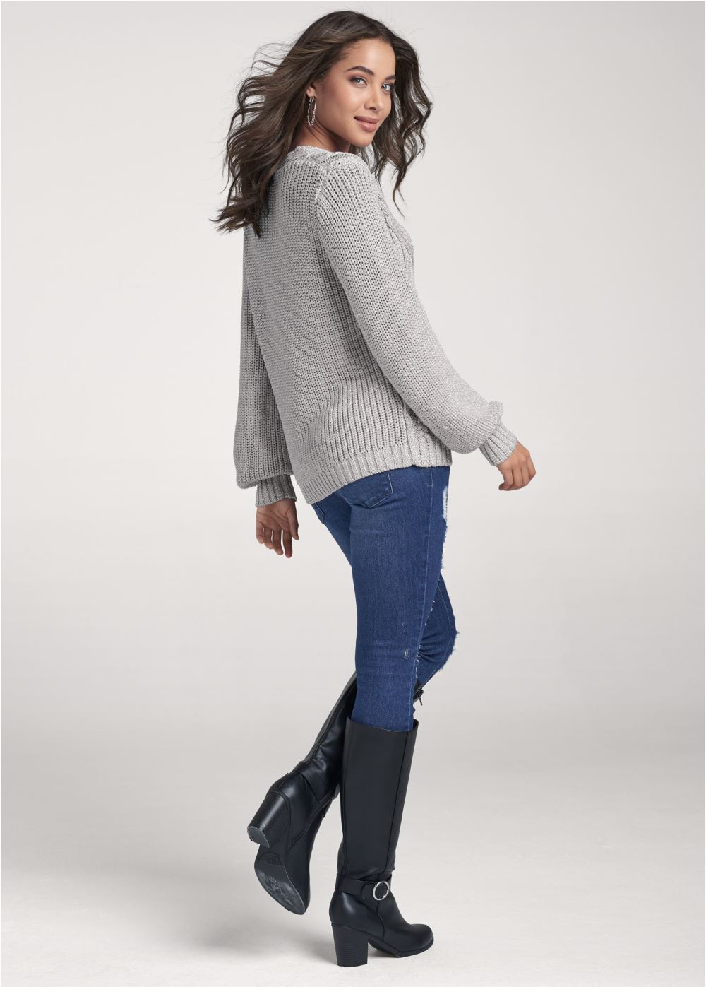 Venus VENUS | Lurex Cable Knit Sweater in Silver