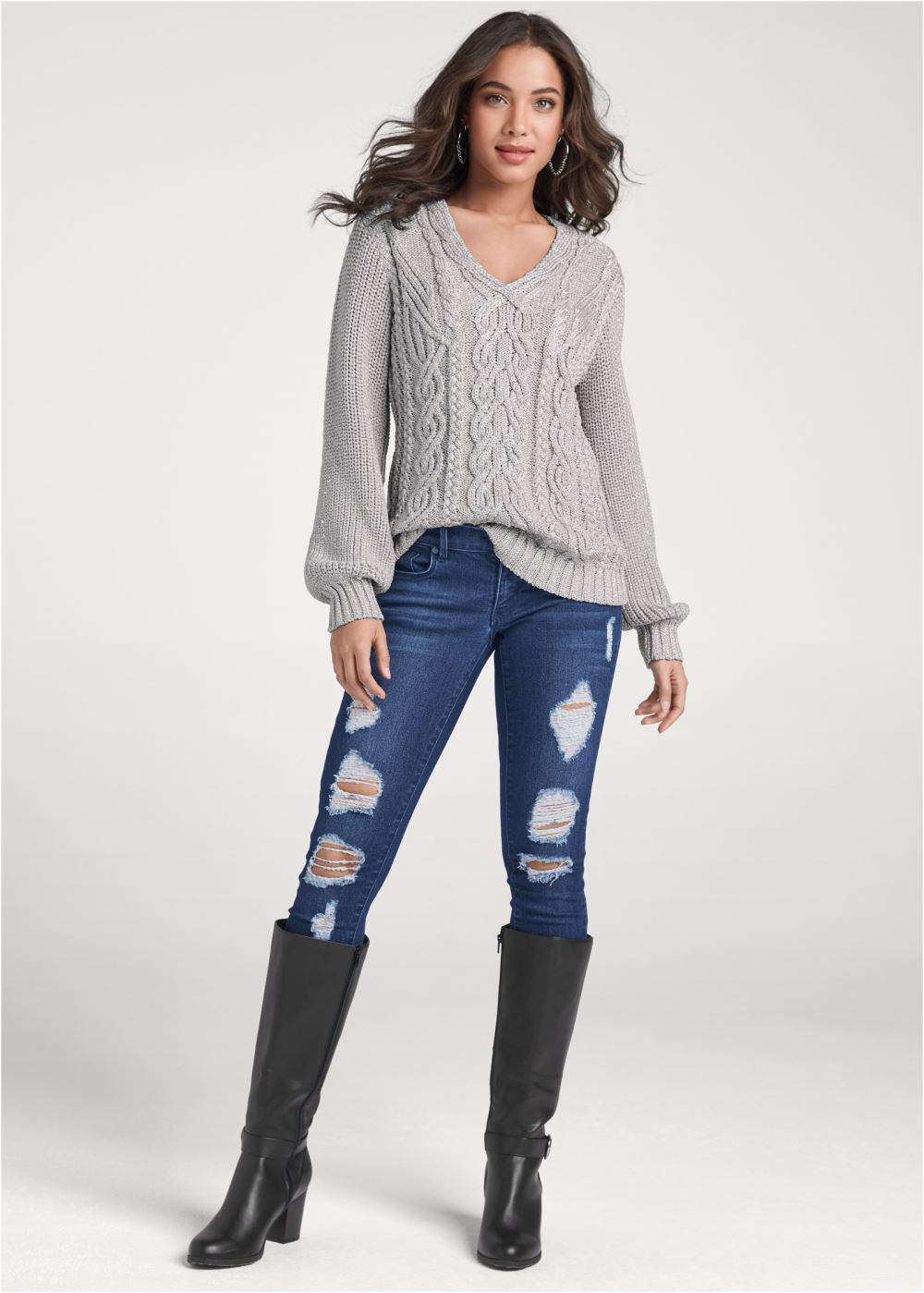 Venus VENUS | Lurex Cable Knit Sweater in Silver