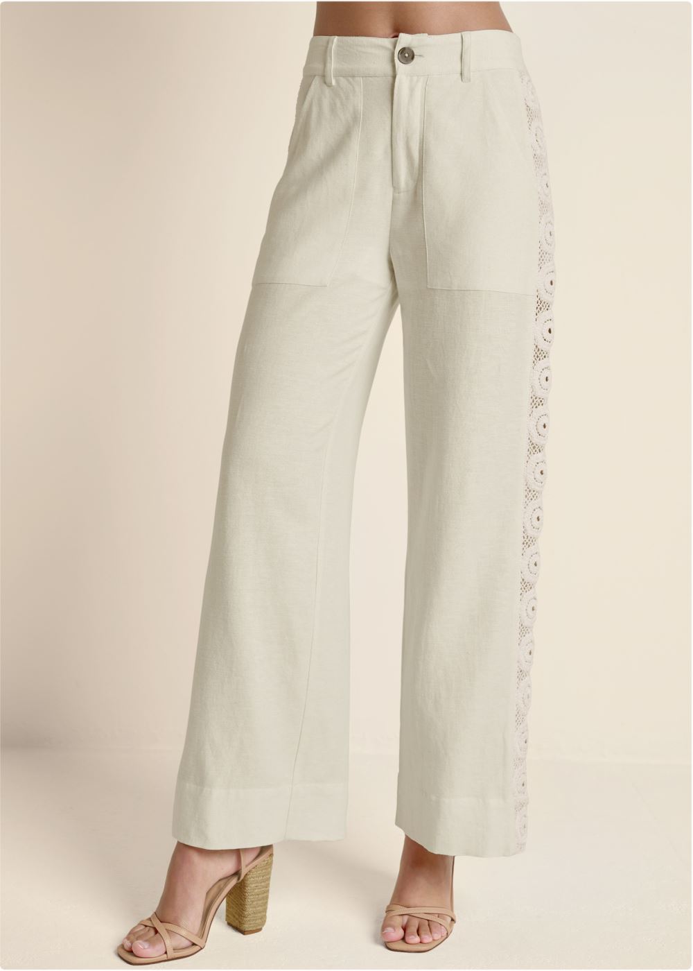 Venus Linen Crochet Side Pants in Bone