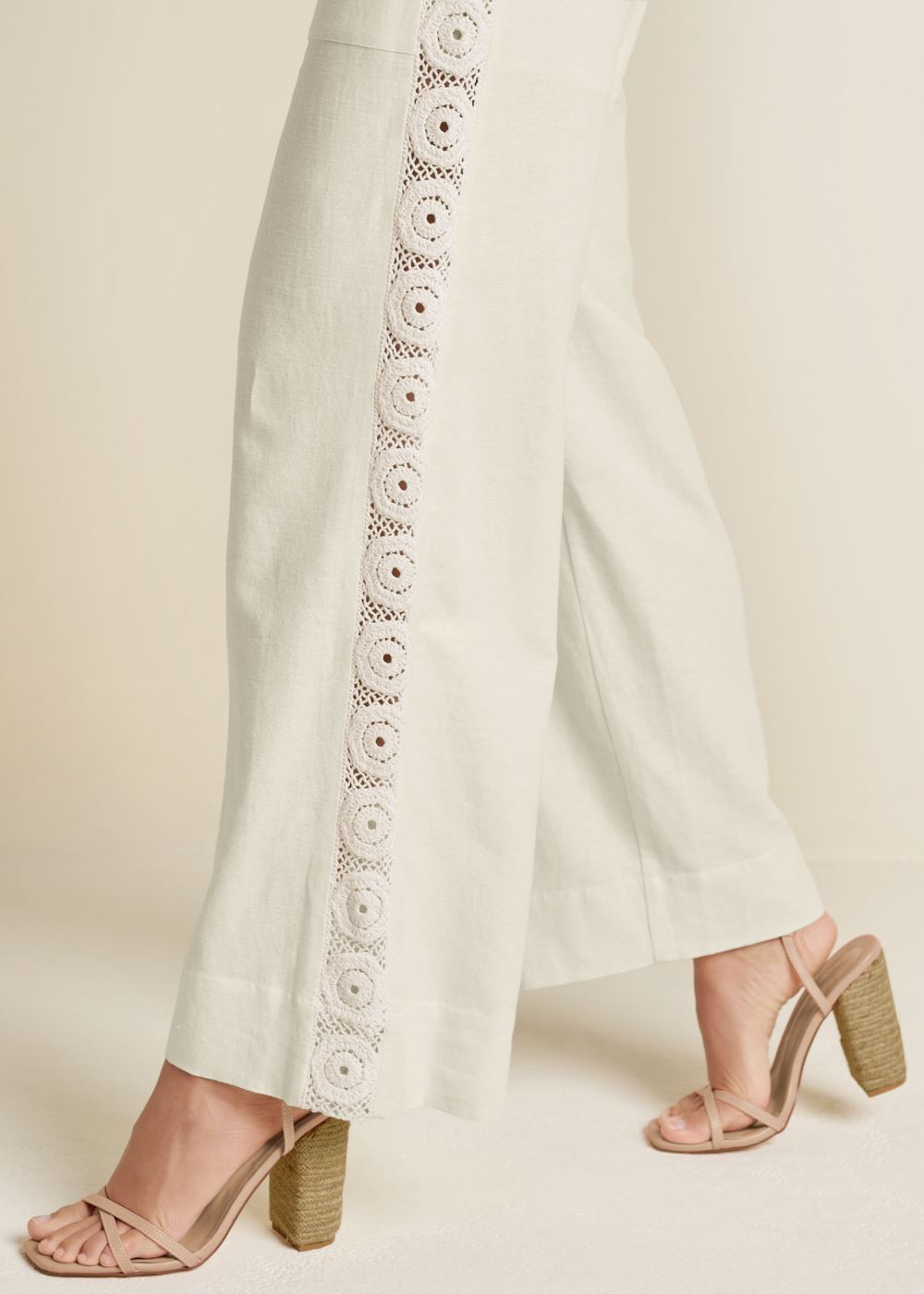 Venus Linen Crochet Side Pants in Bone
