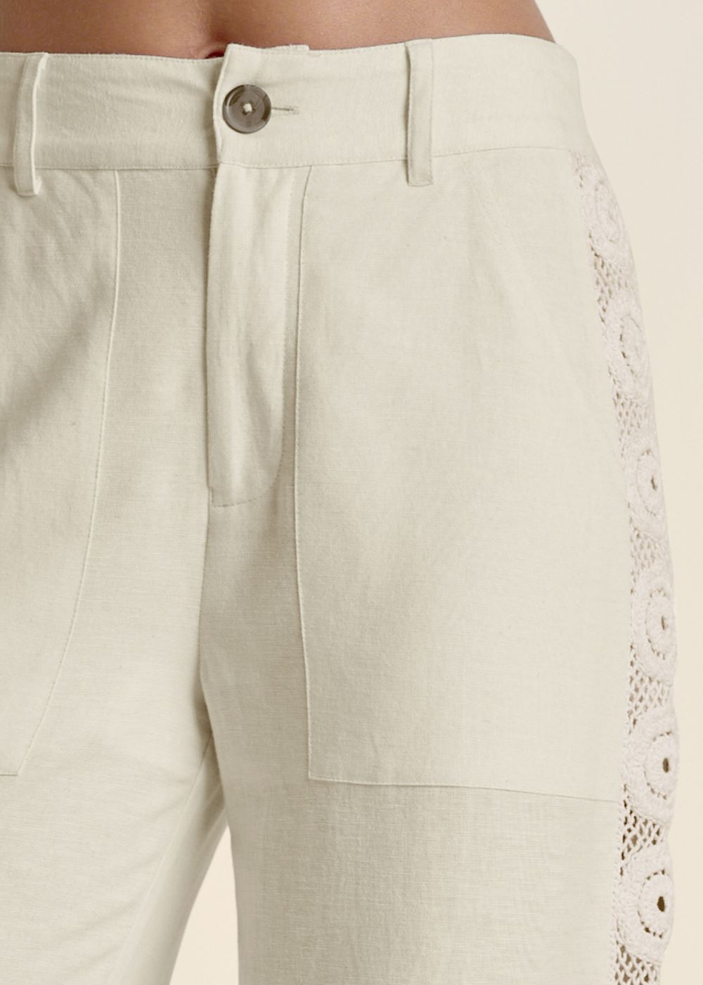 Venus Linen Crochet Side Pants in Bone