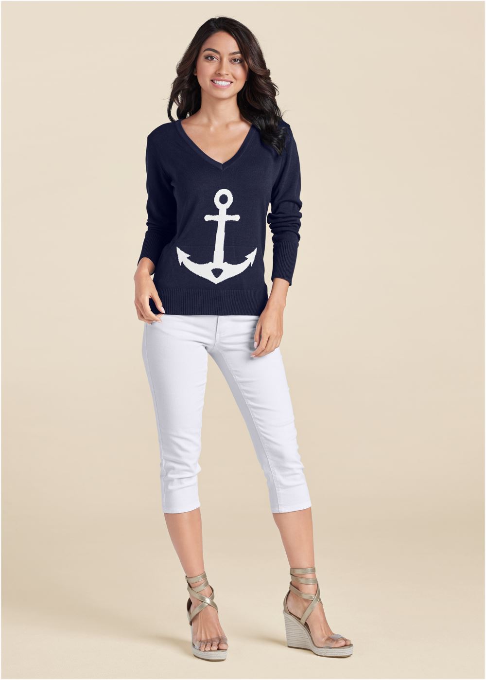 Venus VENUS | Anchor V-Neck Sweater in Navy & White