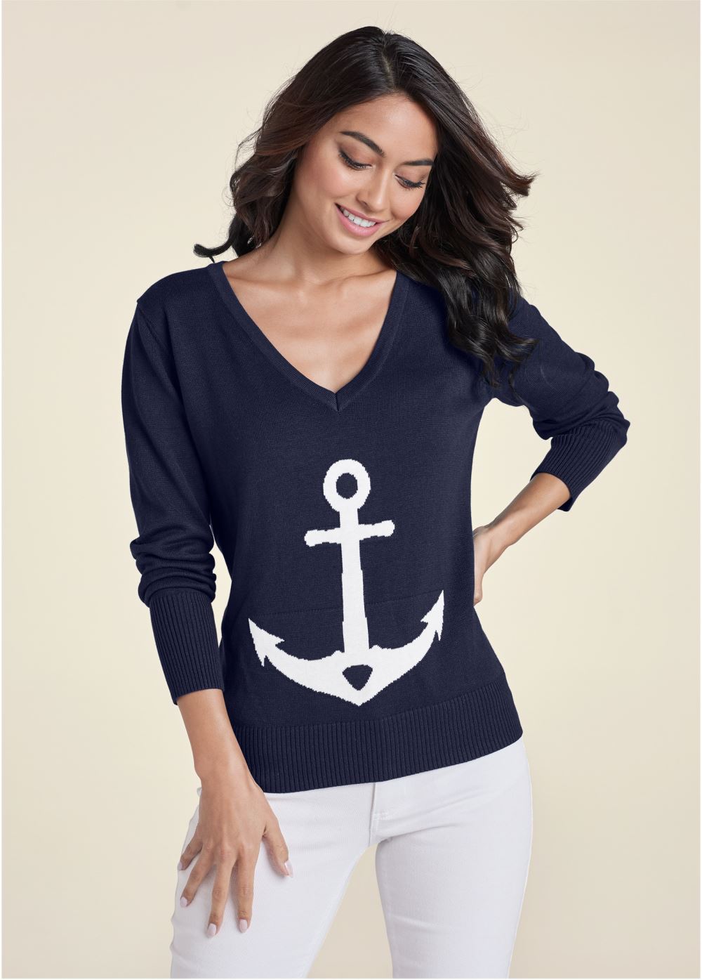 Venus VENUS | Anchor V-Neck Sweater in Navy & White