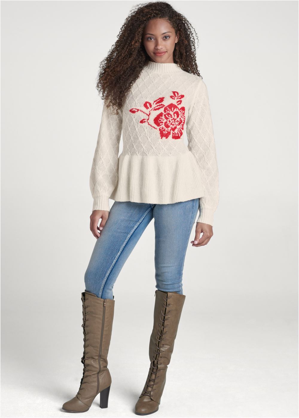 Venus VENUS | Rose Detail Peplum Sweater in Off White & Red