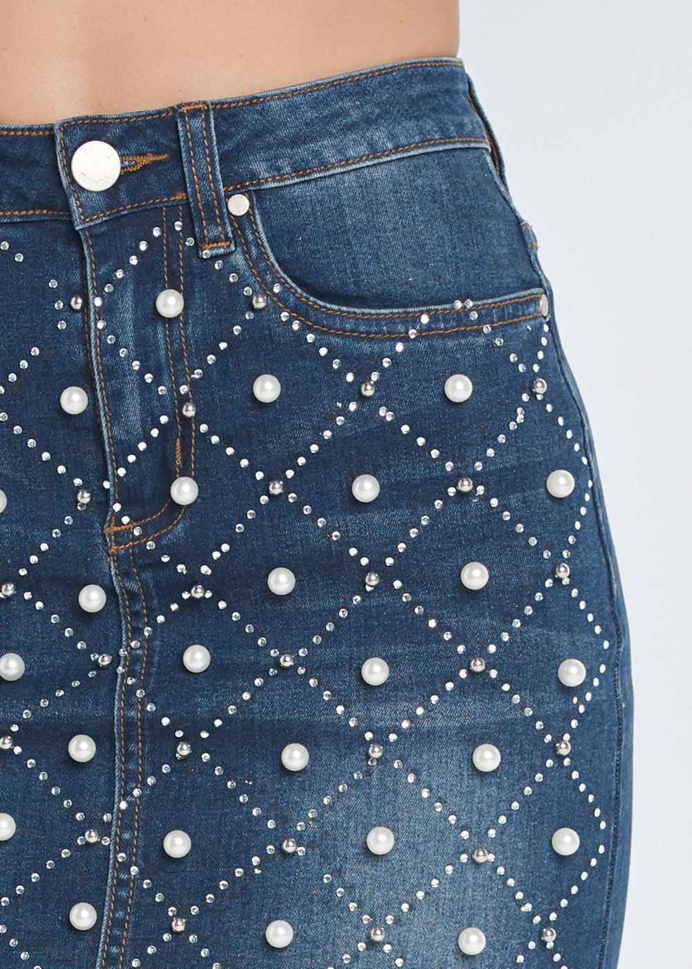 Venus Dark Wash JEAN SKIRT WITH FAUX PEARLS