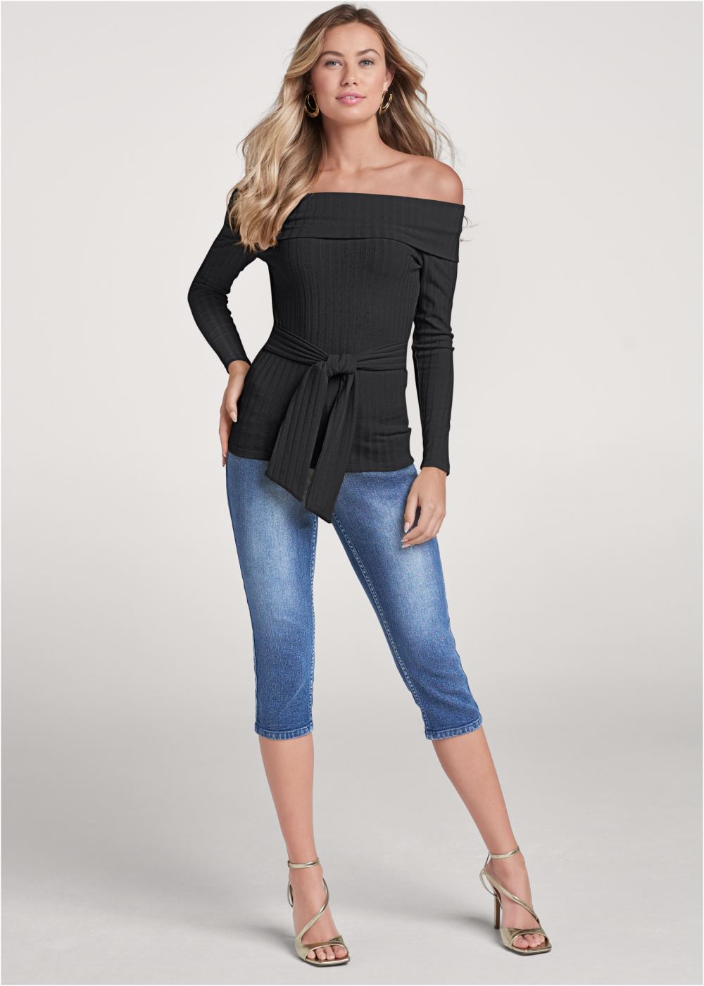 Venus Ribbed Off-The-Shoulder Top in Black