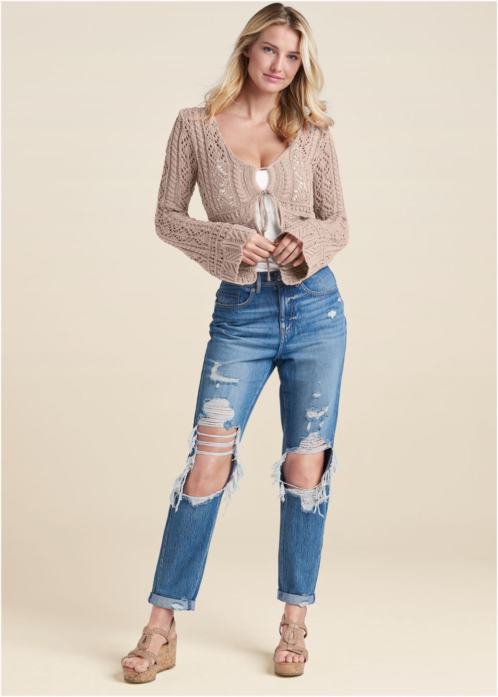 Venus VENUS | Tie-Front Cropped Cardigan in Taupe