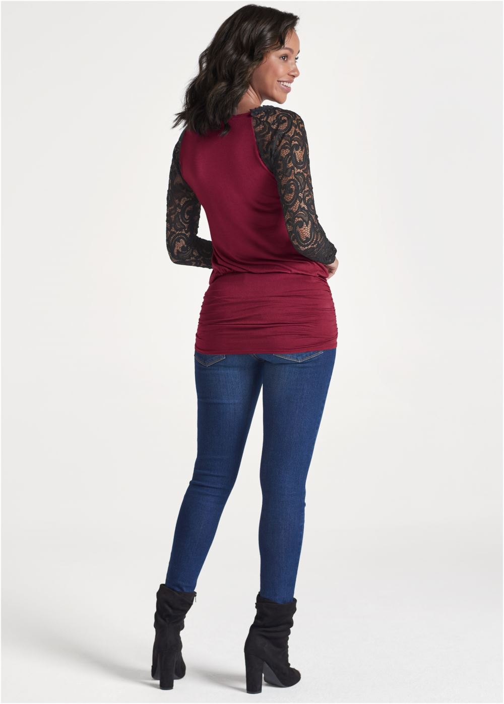 Venus Lace Detail Ruched Top in Wine Multi