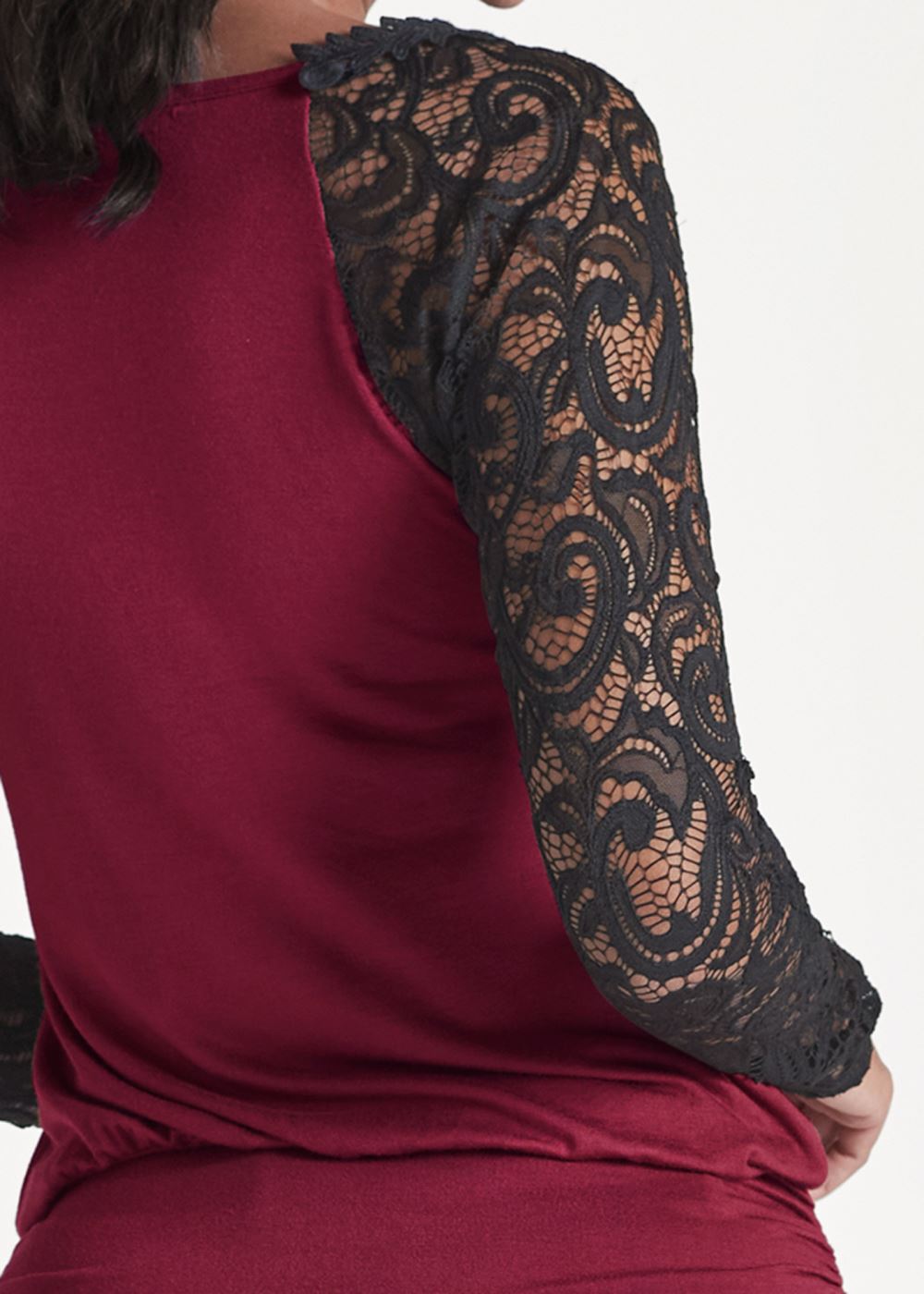 Venus Lace Detail Ruched Top in Wine Multi