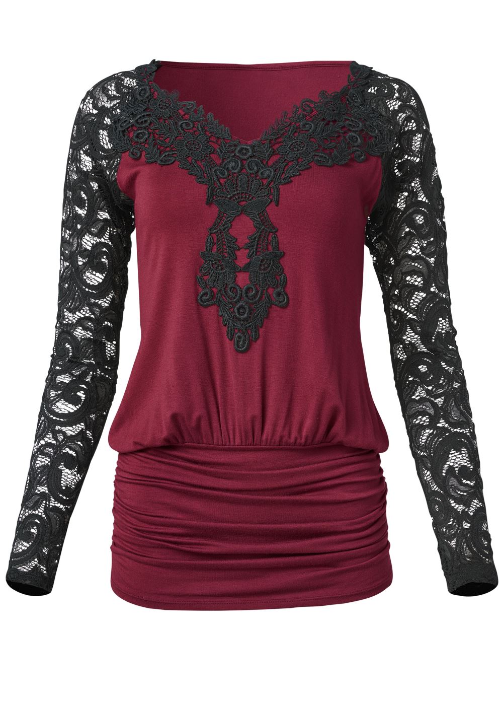 Venus Lace Detail Ruched Top in Wine Multi