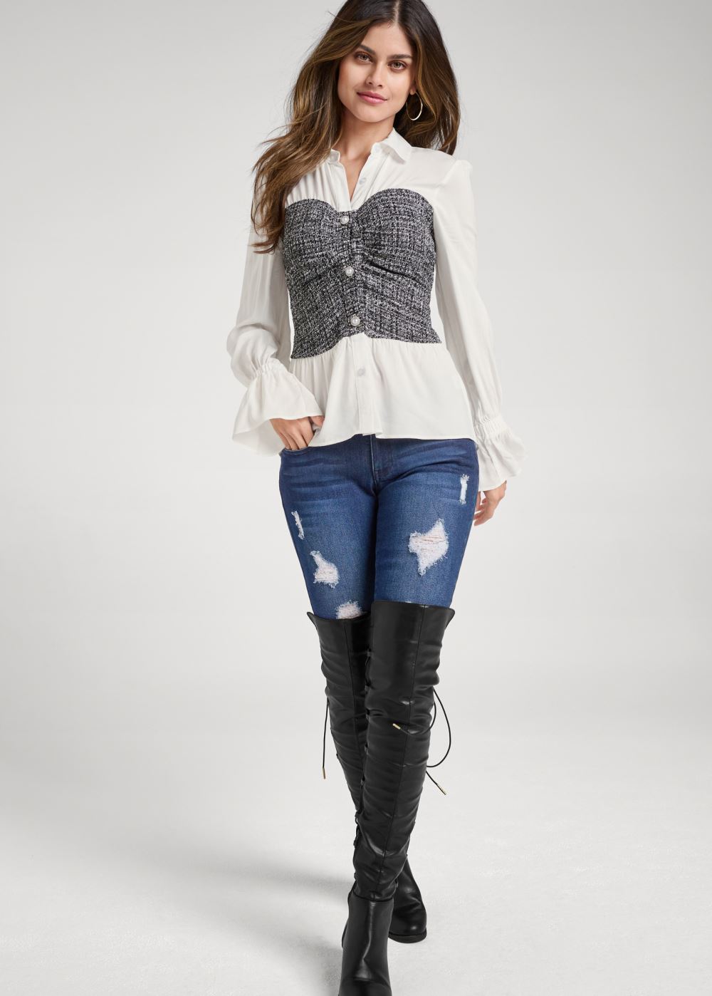Venus Tweed Bustier Blouse in Grey Multi