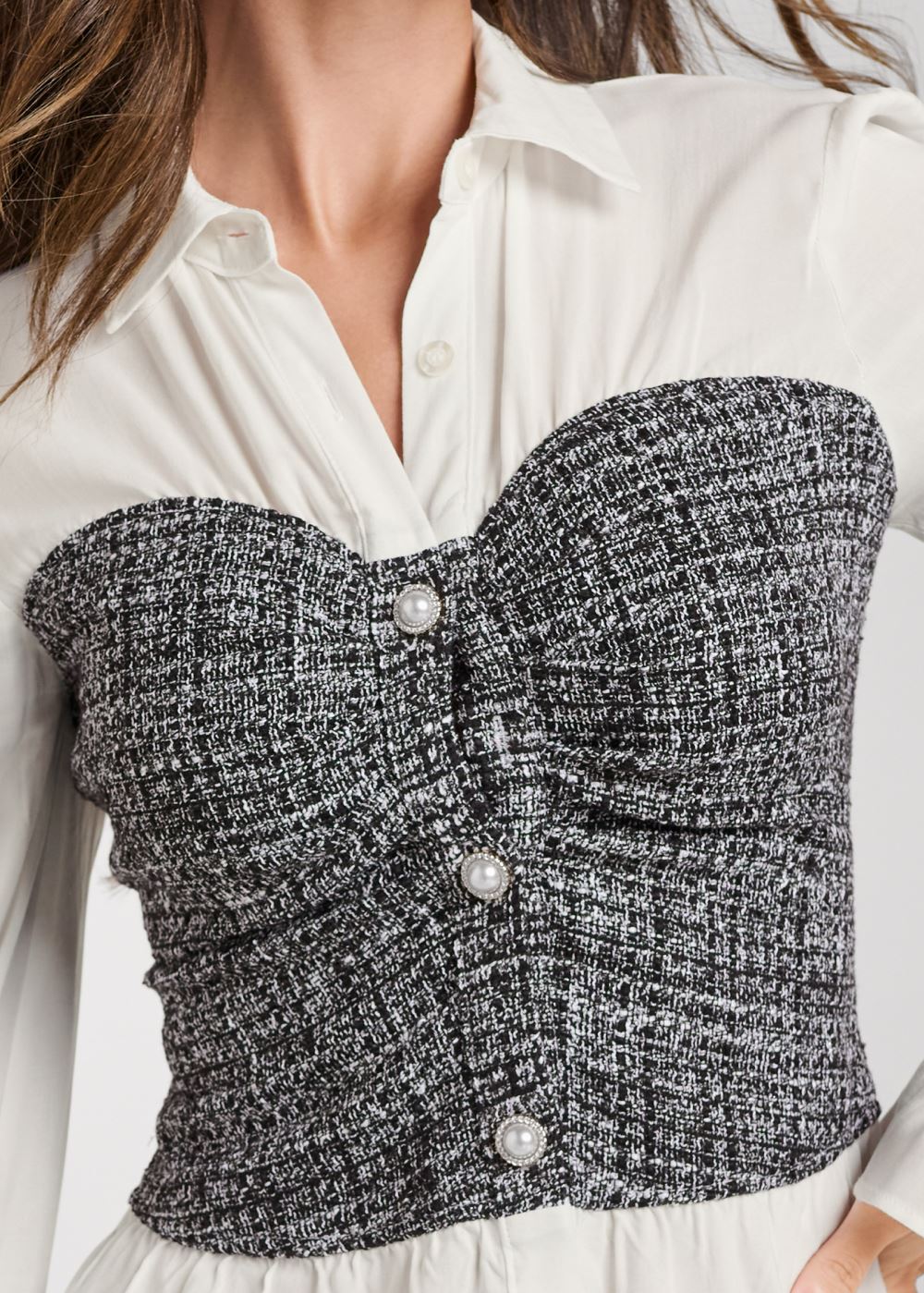 Venus Tweed Bustier Blouse in Grey Multi