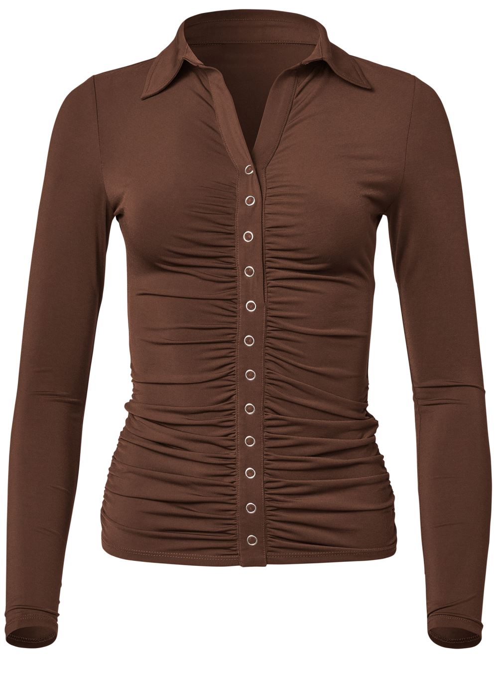 Venus Snap Front Collared Top in Brown