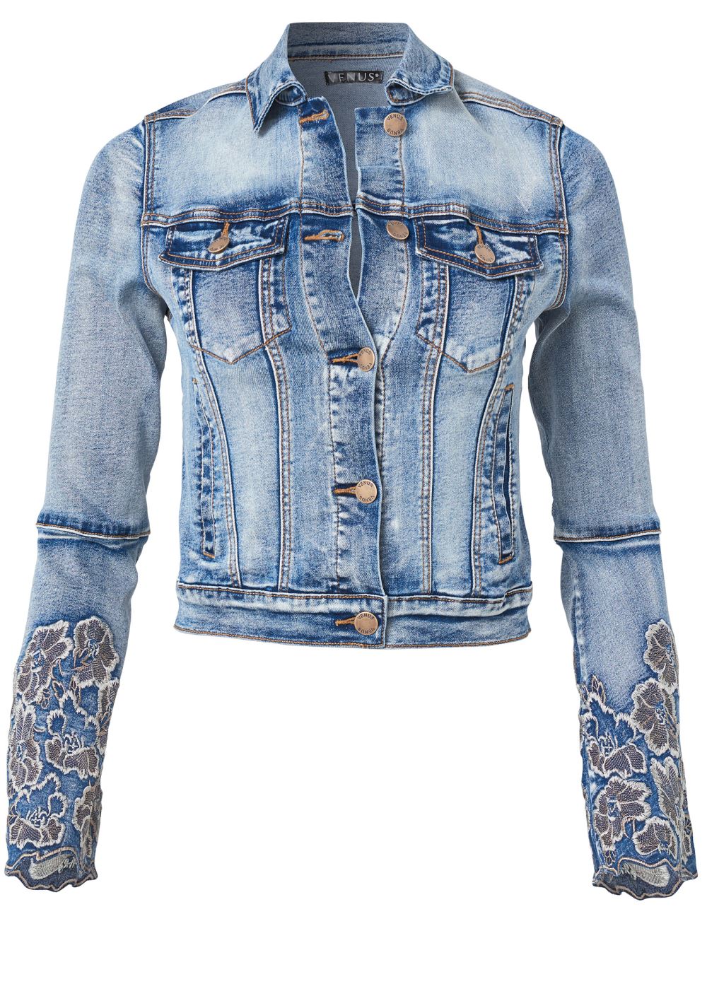 Venus Floral Embroidered Jacket in Medium Wash