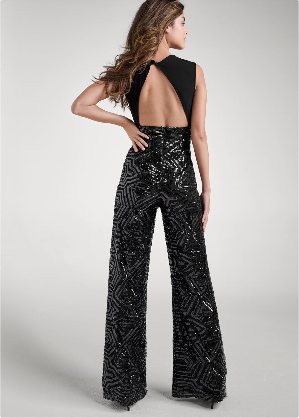 Venus Sequin Surplice Jumpsuit in Black