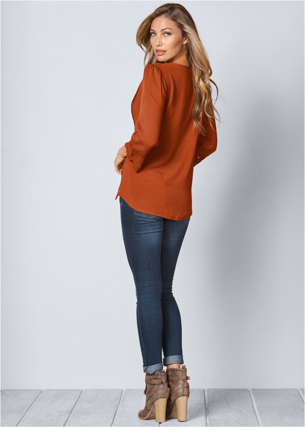 Venus Lace Detail Button-Up Top in Burnt Orange
