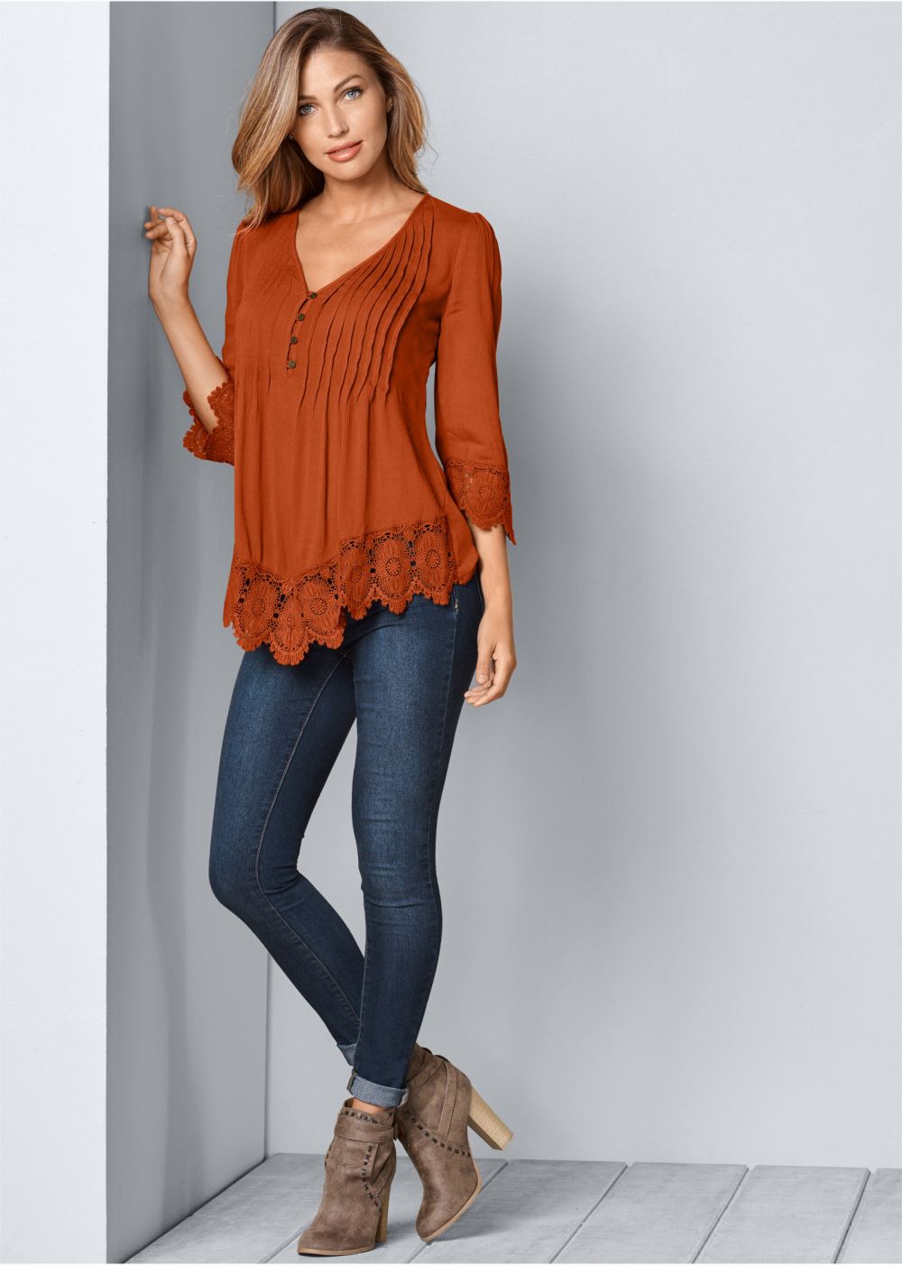 Venus Lace Detail Button-Up Top in Burnt Orange