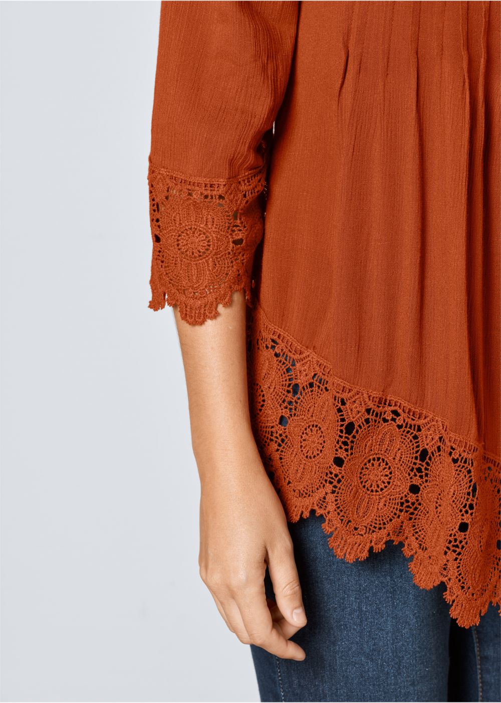 Venus Lace Detail Button-Up Top in Burnt Orange