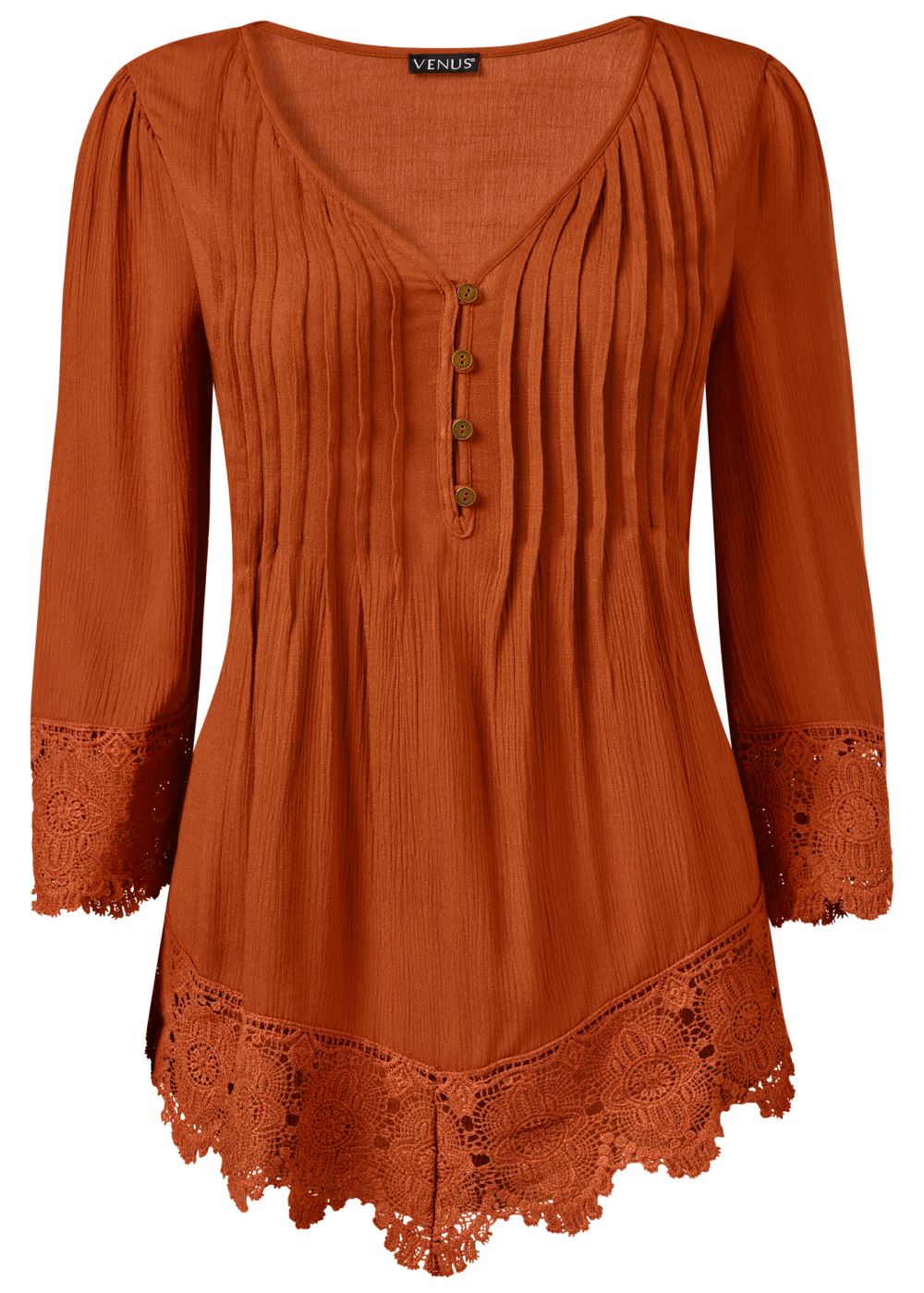 Venus Lace Detail Button-Up Top in Burnt Orange