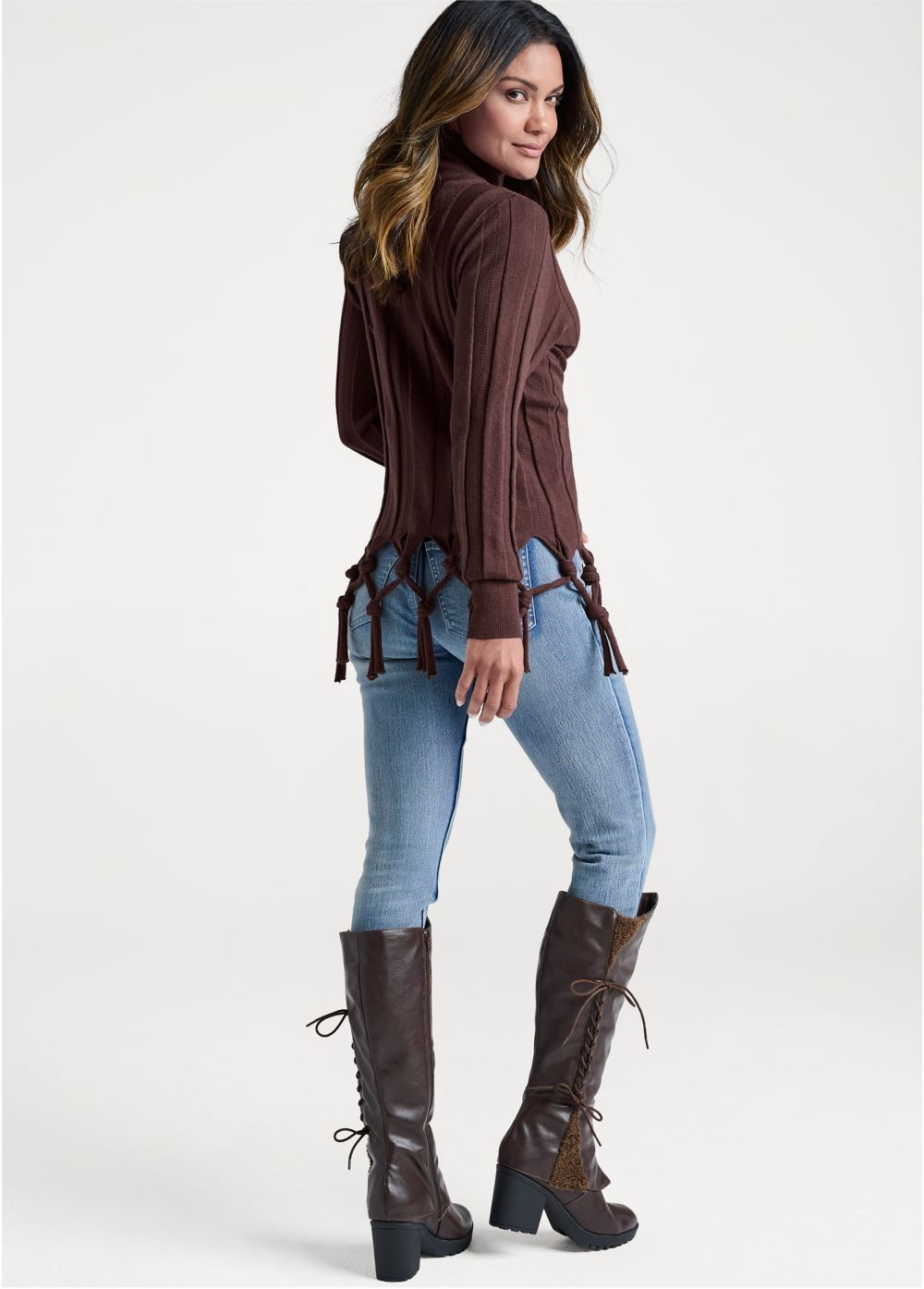 Venus VENUS | Tassel Mock Neck Sweater in Dark Brown