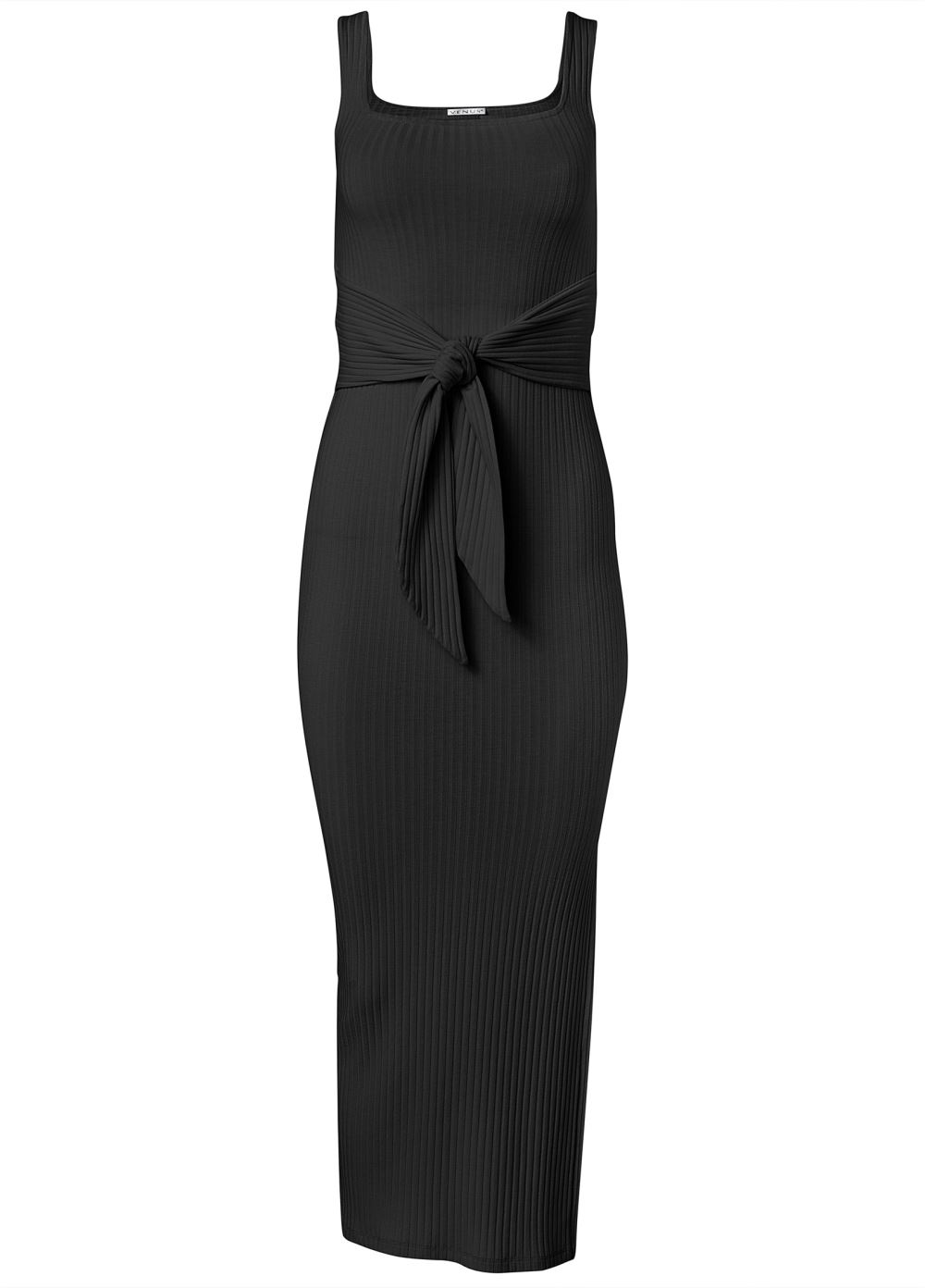 Venus Square Neck Ribbed Midi Dress - Black